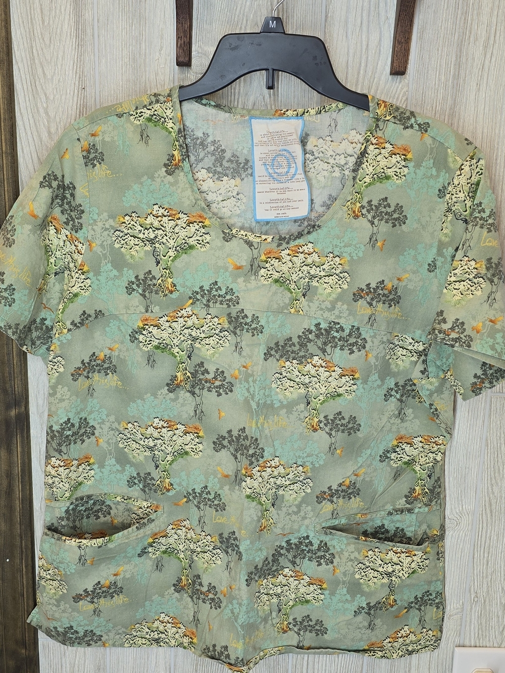 Women’s Sage Green Tree-Print Short Sleeve Work Top